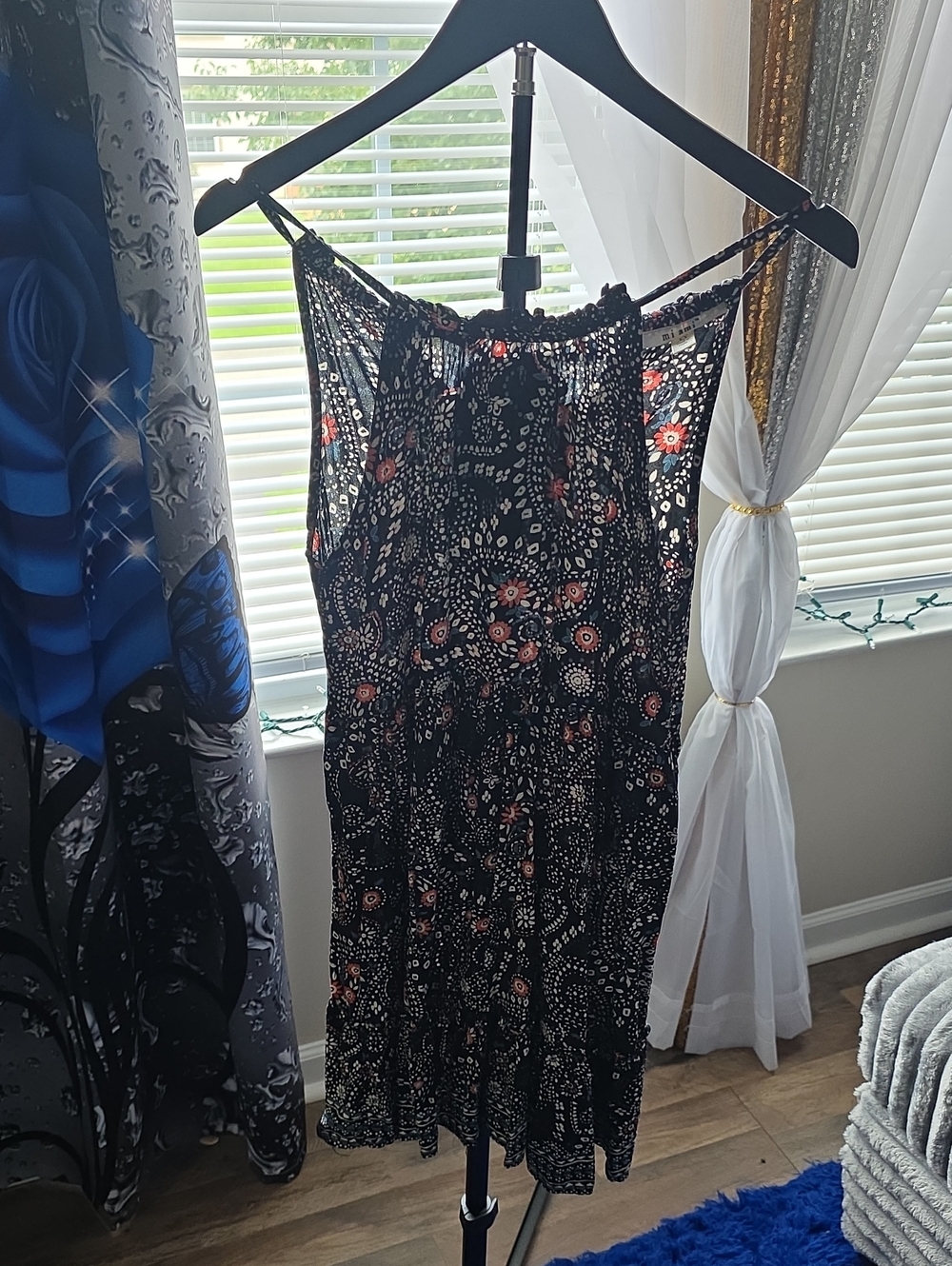 miami Black Mini Dress with Pink Floral Print